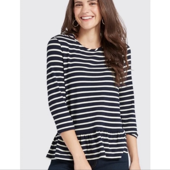 DRAPER JAMES Peplum Sailor 3/4 Sleeve Stripe Navy Blue White Blouse Top Shirt - Picture 2 of 8